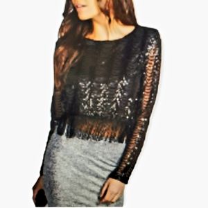 NEW Black Long Sleeve Sequin Tassel Zip Back Top Size 6